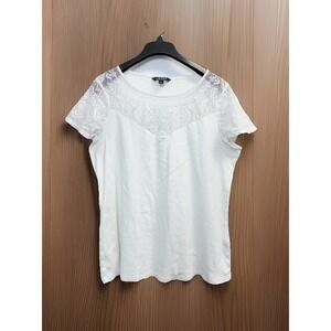 Lauren Ralph Lauren Women's Plus 1X Lace Detail Tee Cap Sleeve Stretch Cream Top